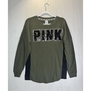 PINK Victoria’s Secret Sequin Logo Varsity Top Y2K Oversized Green Long Sleeve S